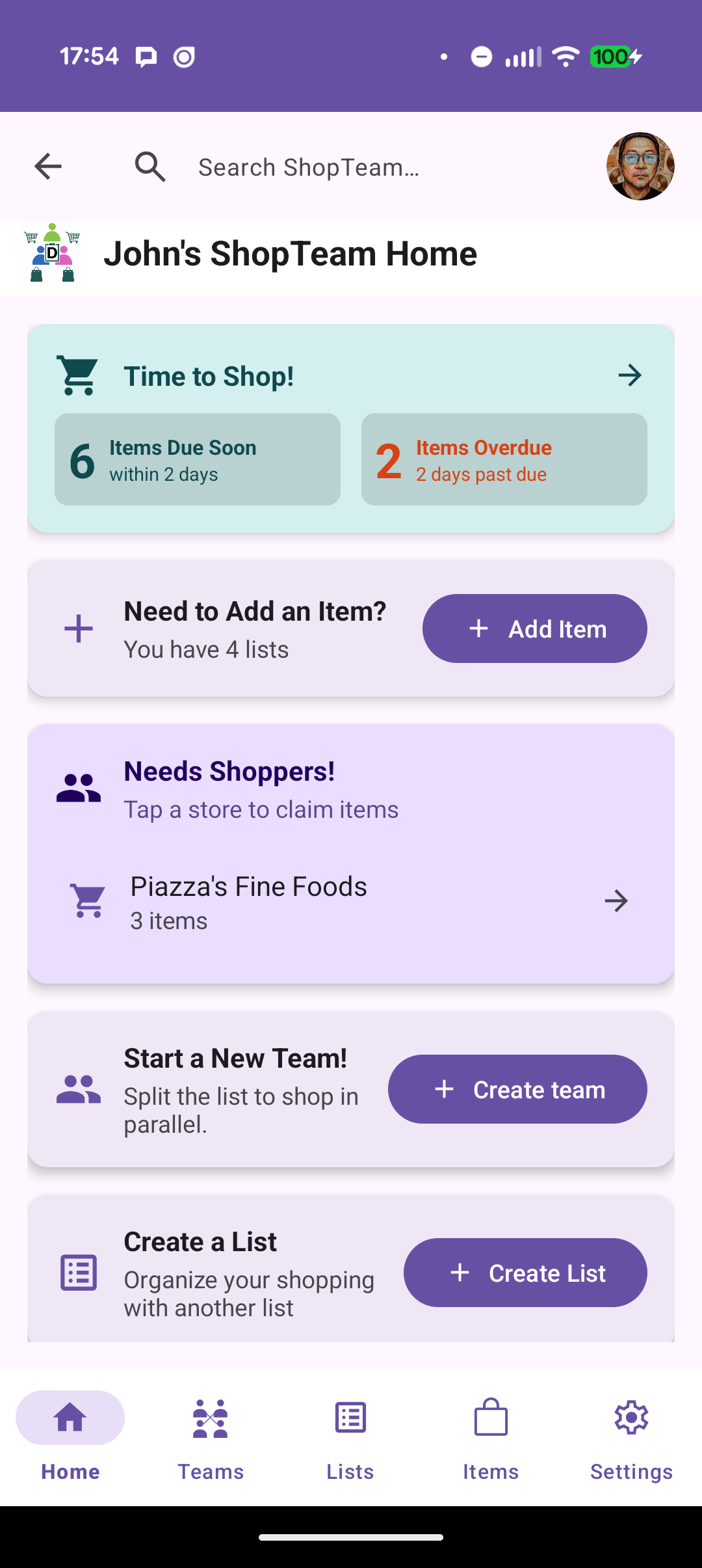 ShopTeam home screen with dashboard