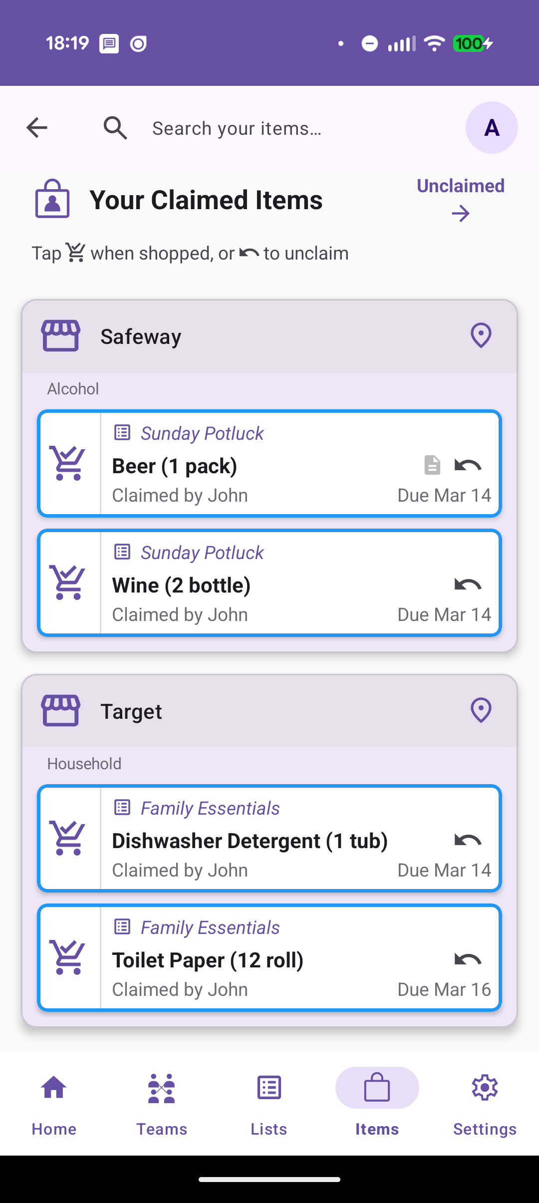 Claimed items showing who is getting what