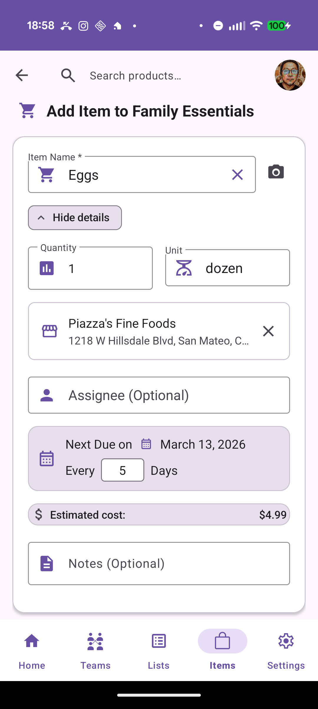 Add item form with catalog search, store, and cost estimate