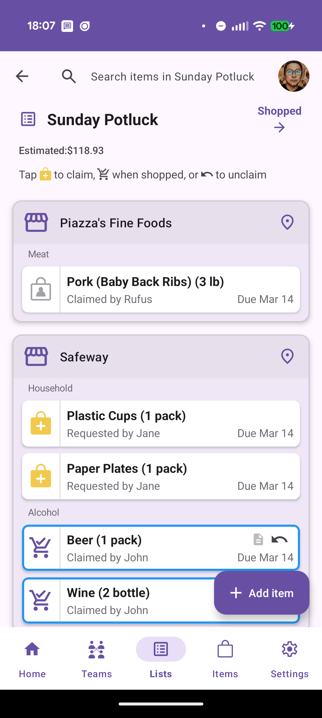 Shopping list with items grouped by store
