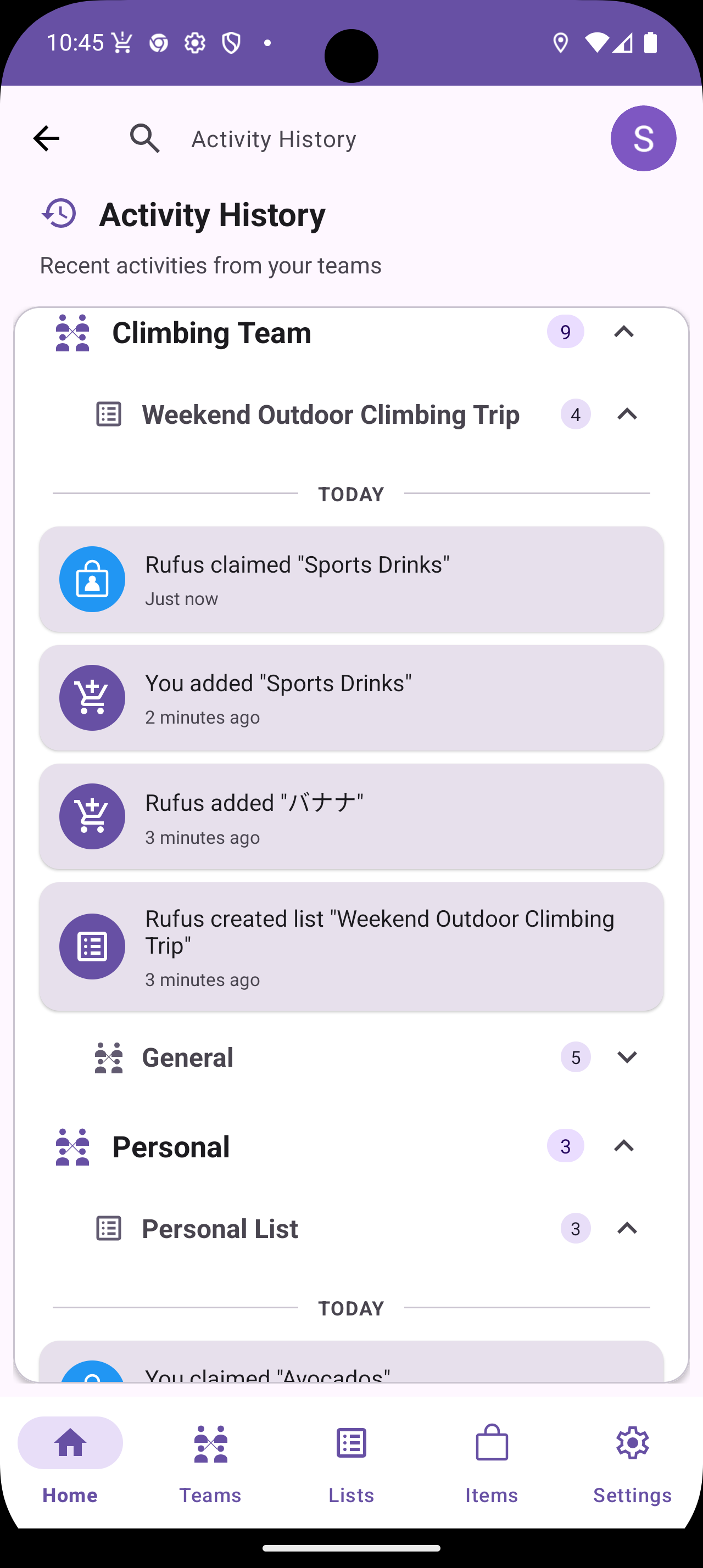 Activity history showing team actions in real time