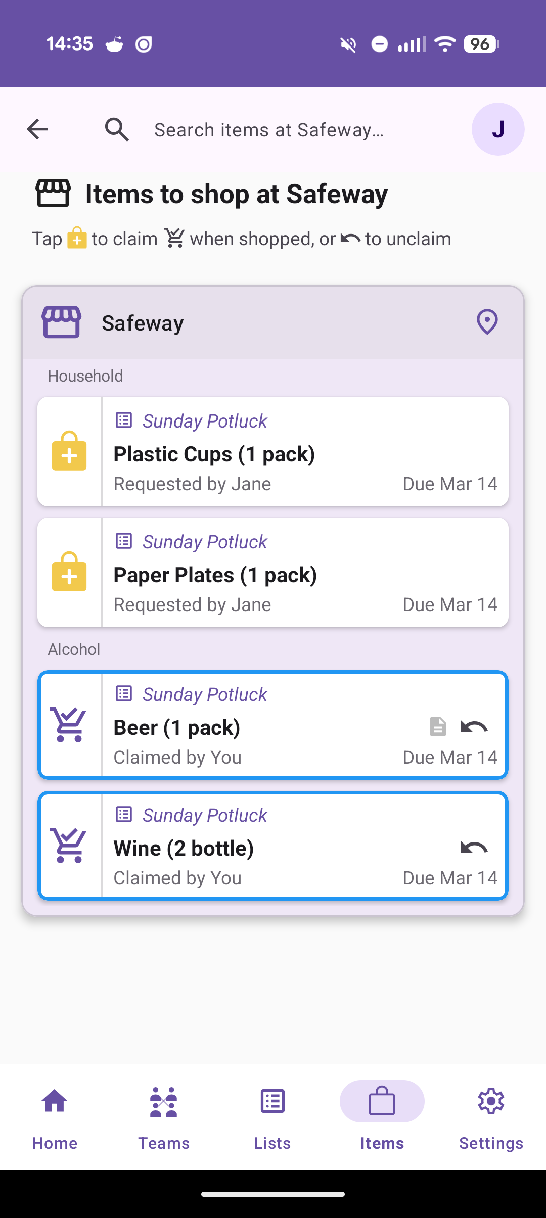 Items to shop at a specific store