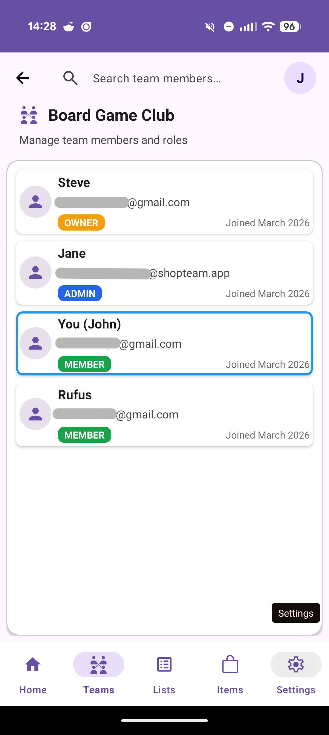 Team member list with roles